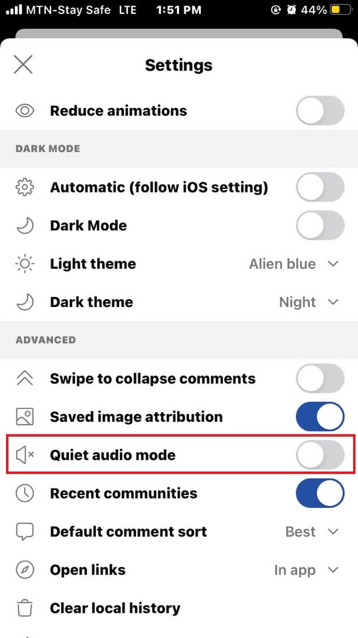 screenshot of reddit settings with quiet mode turned off