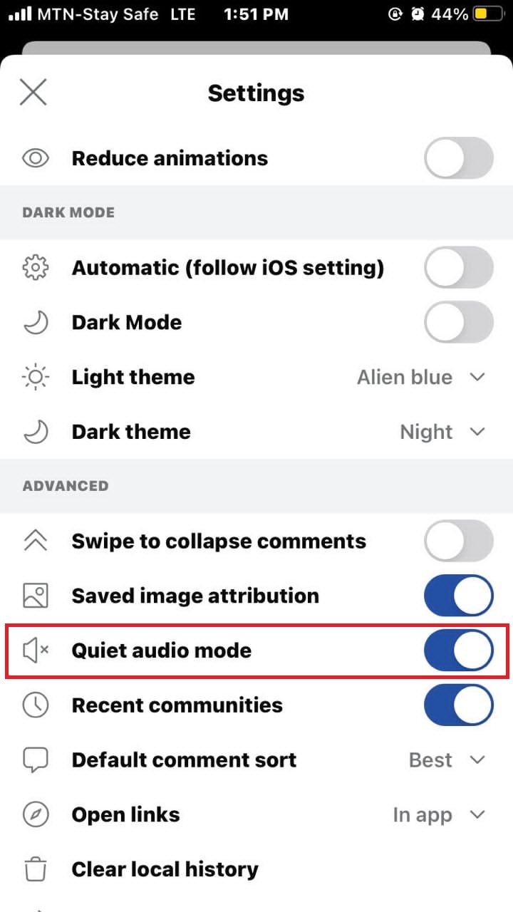 screenshot of reddit settings with quiet mode turned on
