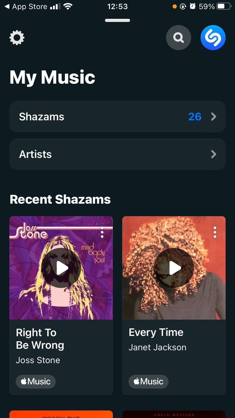 screenshot of shazam mobile app home page