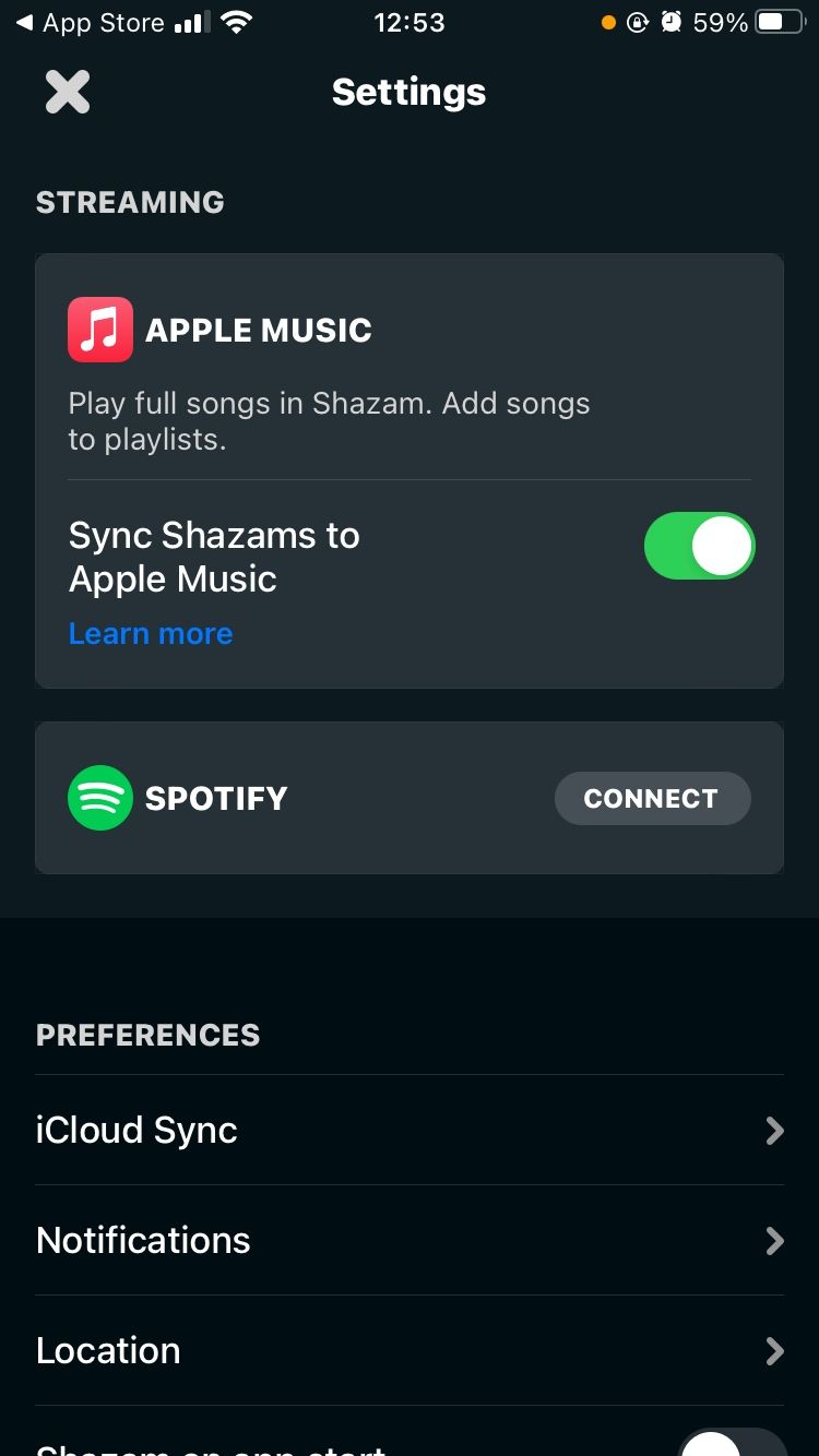 screenshot of shazam mobile app settings page with apple music sync toggled on