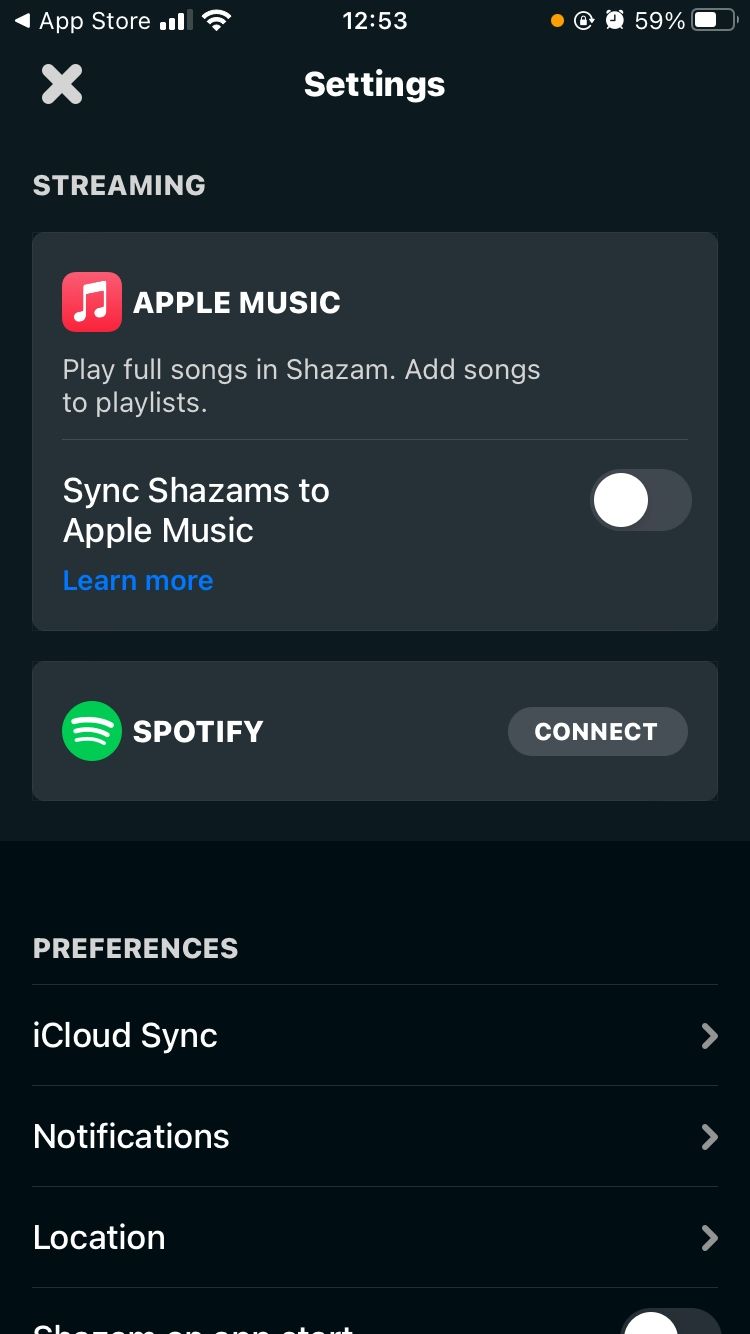 screenshot of shazam mobile app settings page