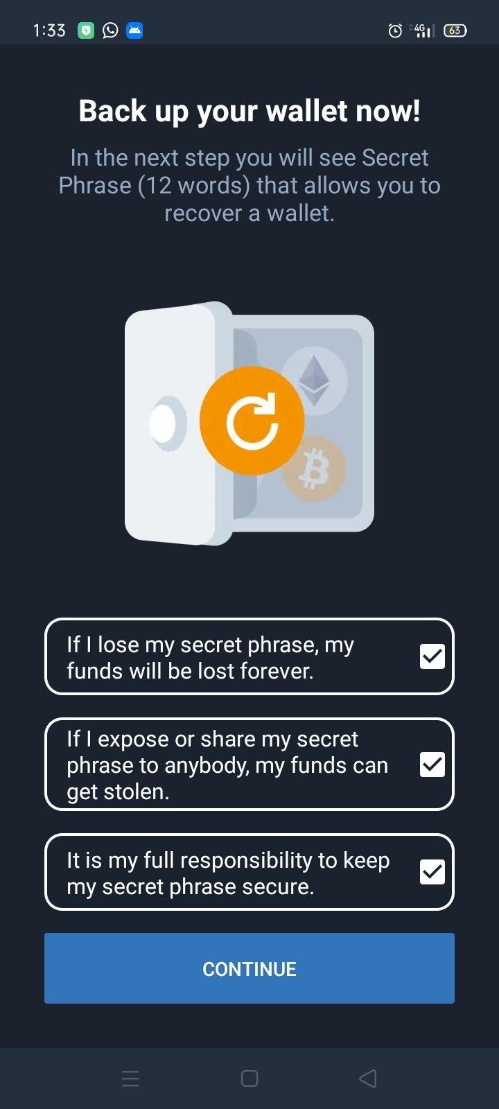 screenshot of trust wallet asking user to back up wallet