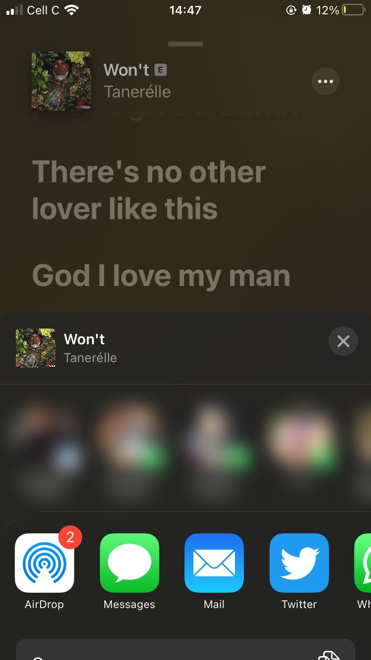 screenshot showing contacts to share apple music lyrics with on mobile