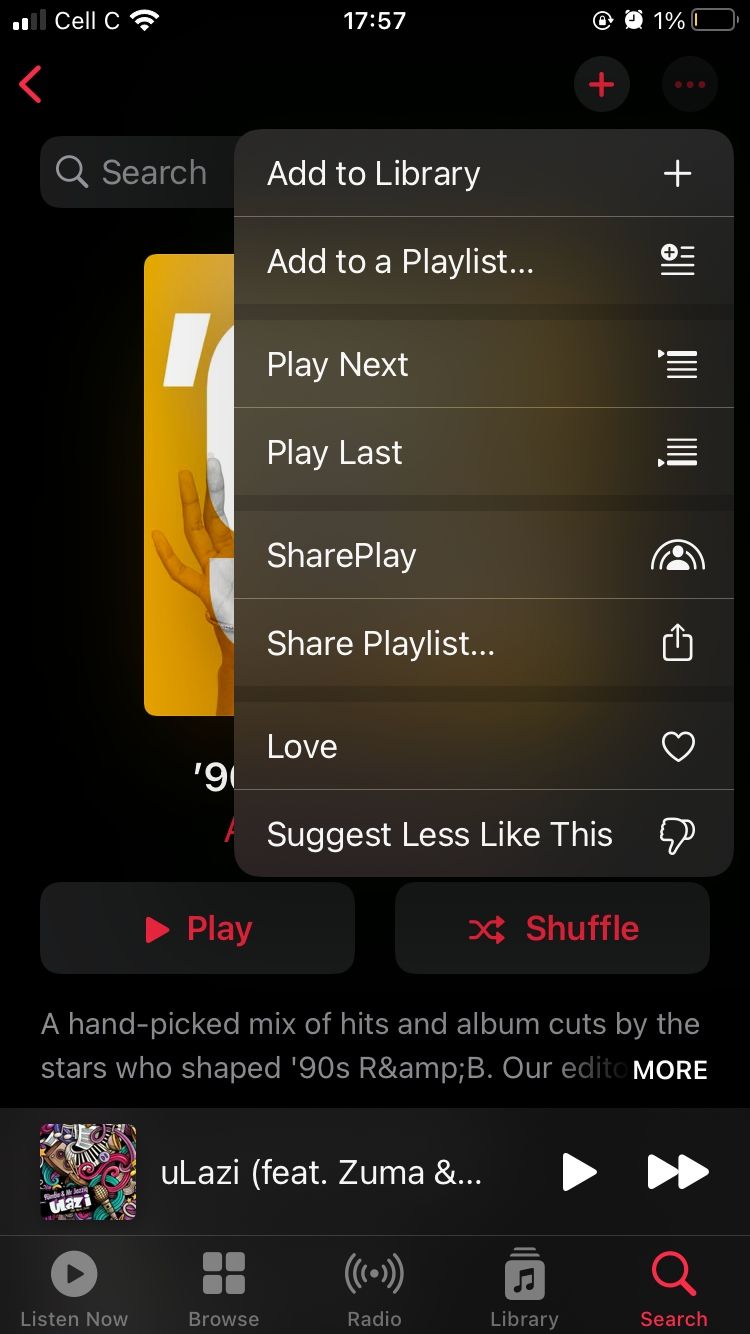 screenshot showing drop-down menu for 90s rnb playlist on apple music mobile app