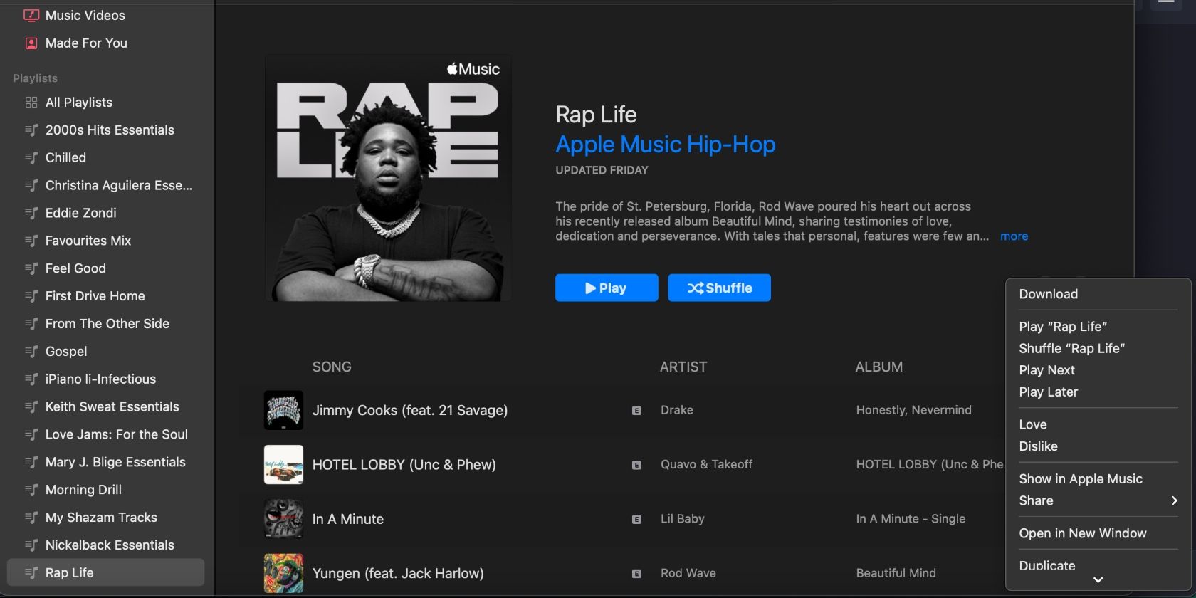 screenshot showing drop-down menu for rap life playlist on apple music desktop app