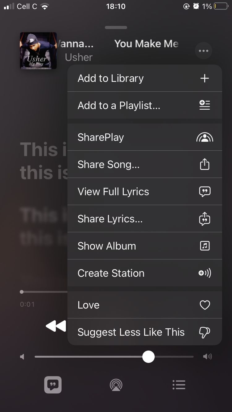screenshot showing drop-down menu options for usher track on apple music mobile app