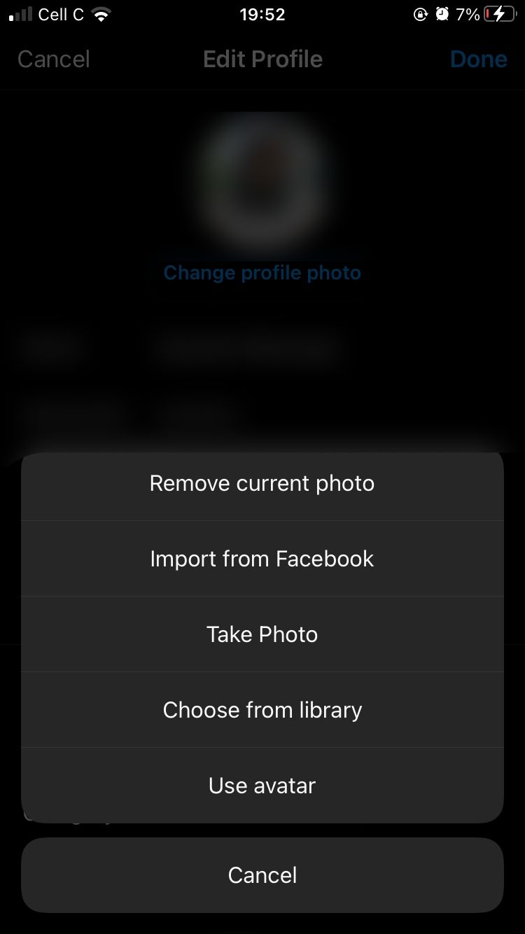 screenshot showing instagram profile pic upload options