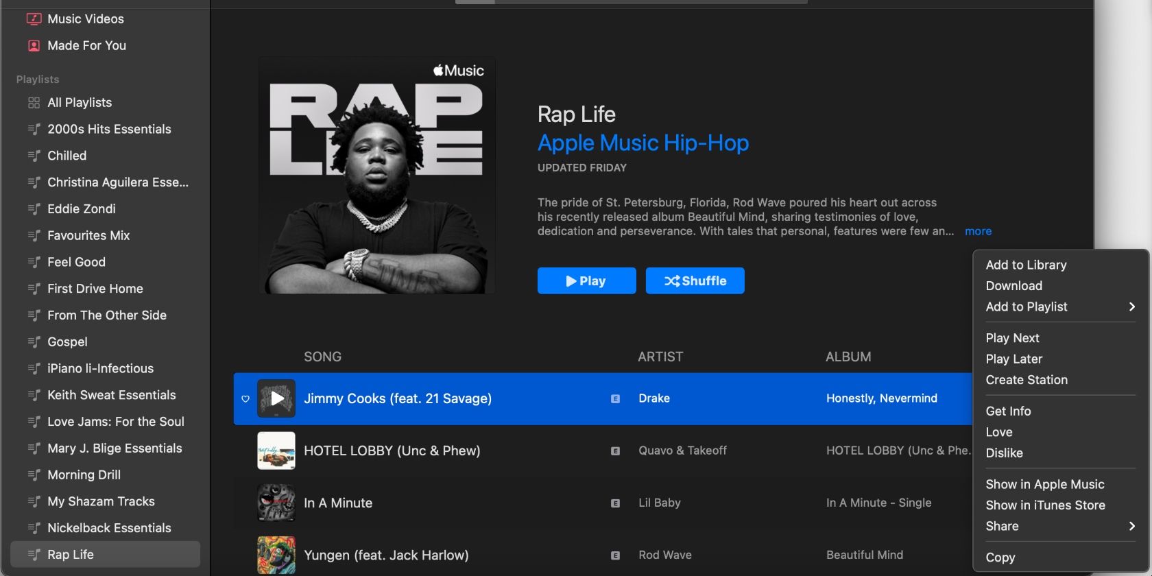 screenshot showing menu options for jimmy cooks song on rap life playlist in apple music