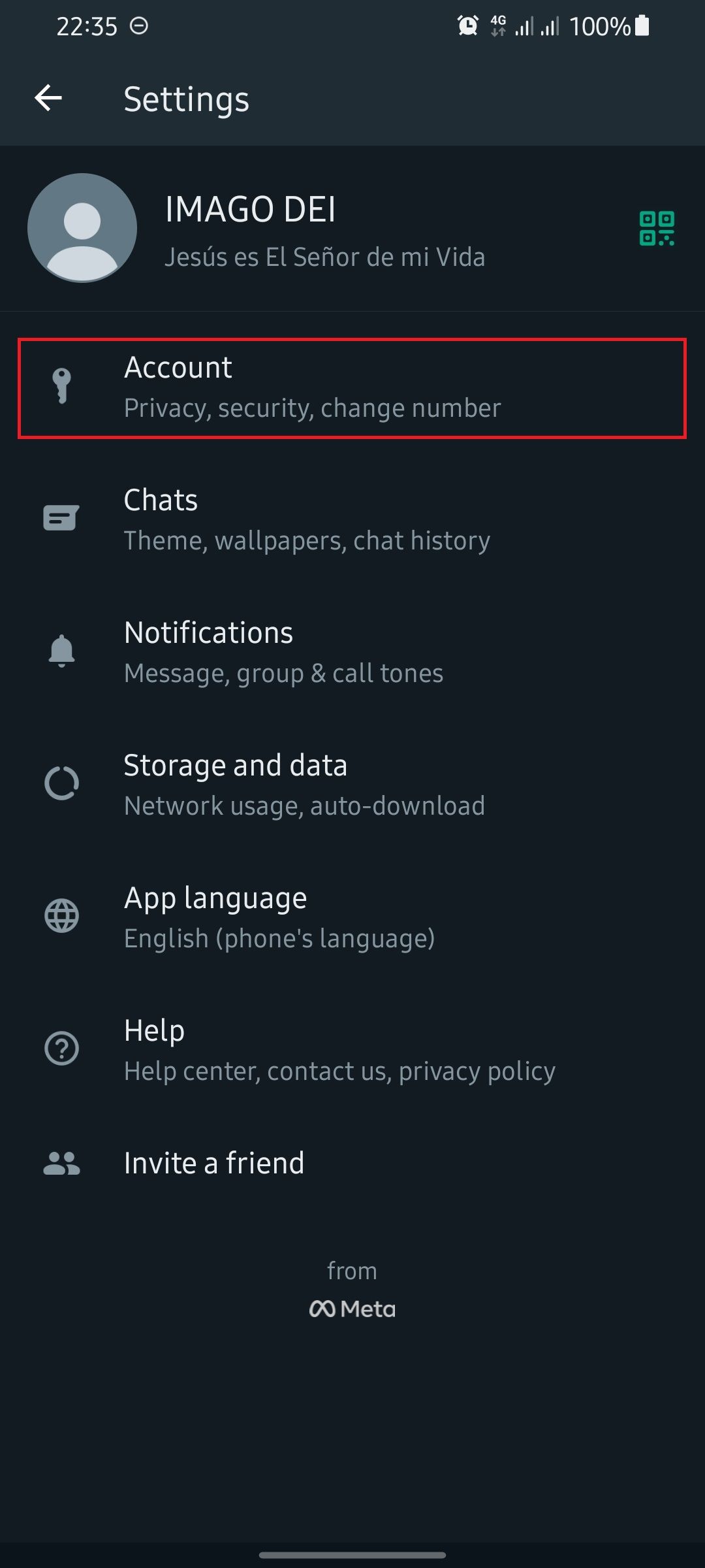 screenshot showing settings page on whatsapp