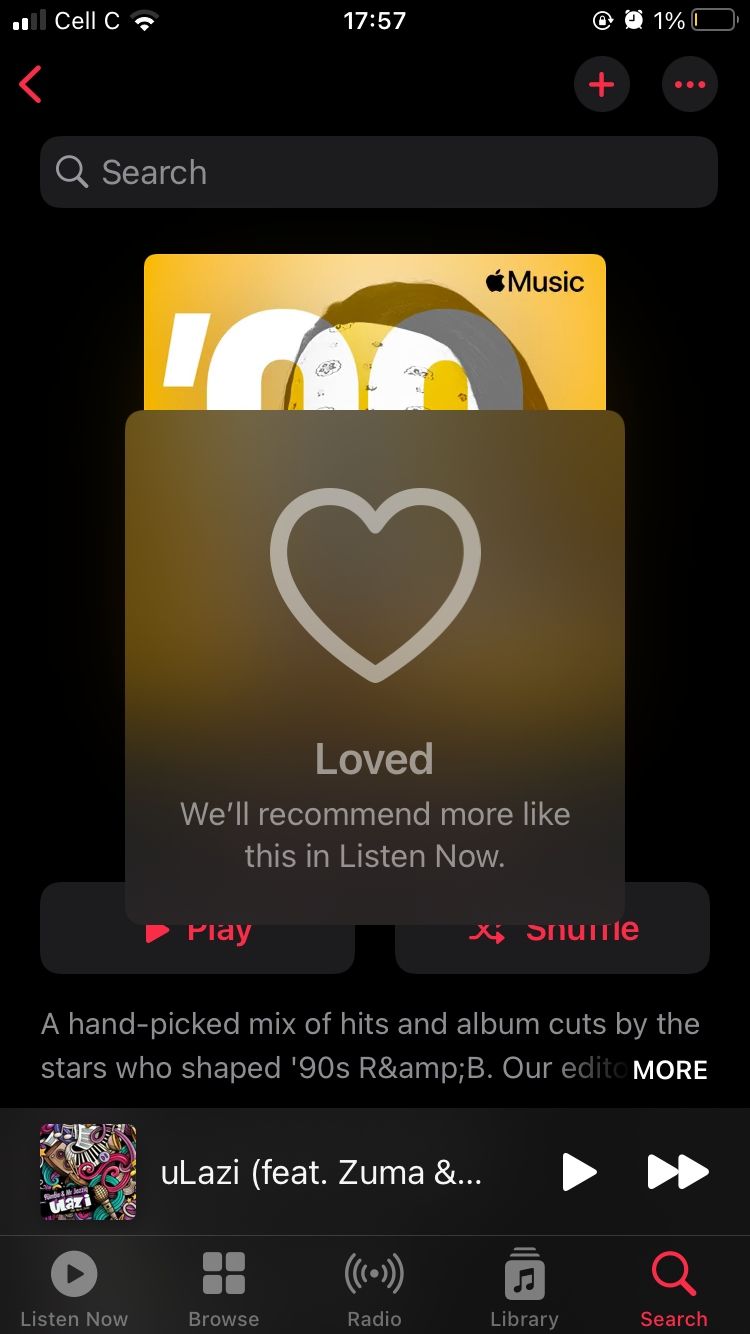 screenshot showing user has loved an apple music playlist on mobile