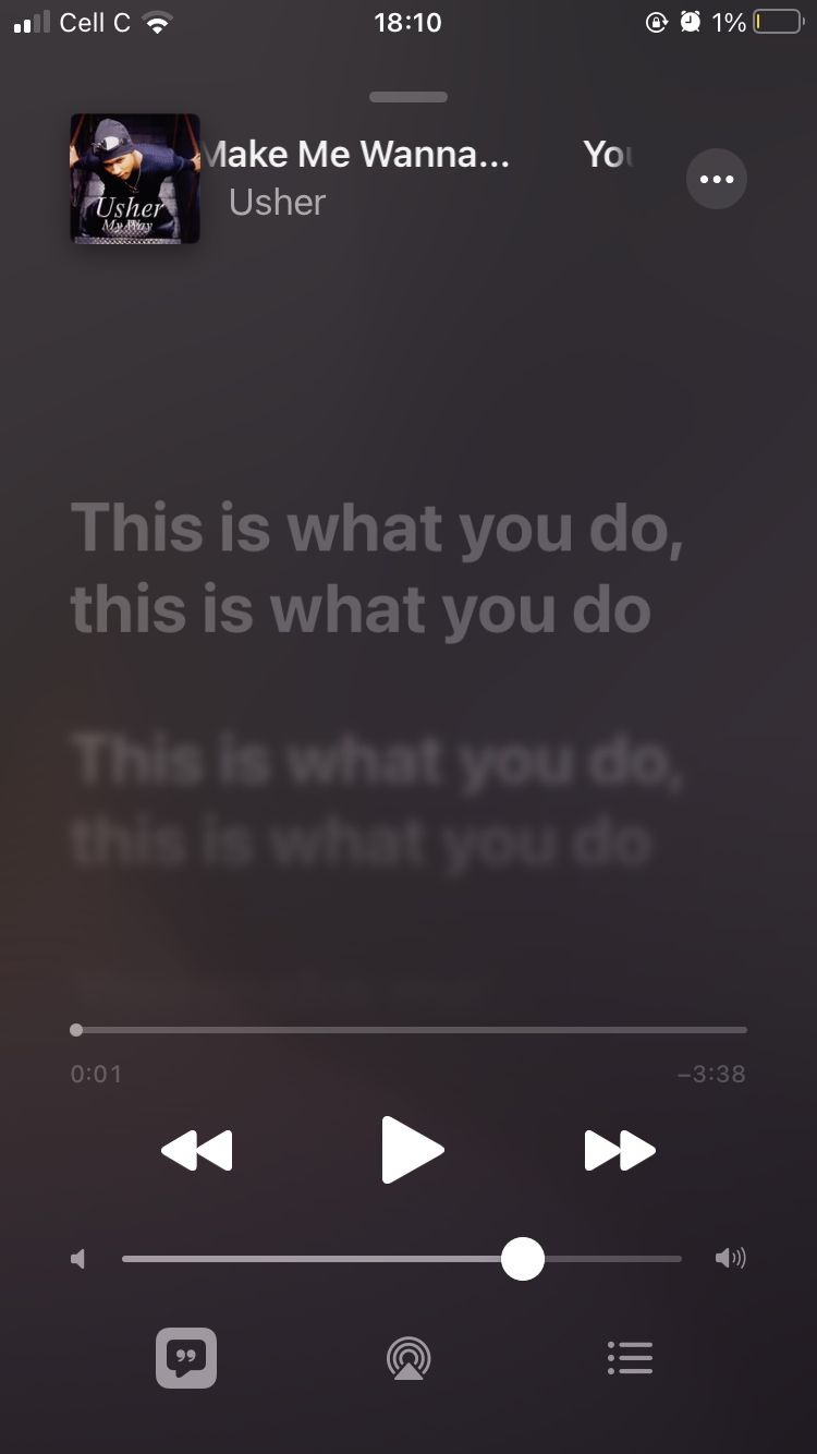 screenshot showing usher song with lyrics and player on apple music mobile app