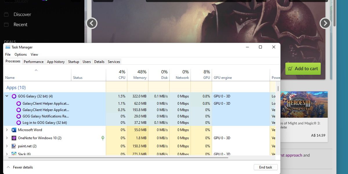 screenshot of gog galaxy and task manager