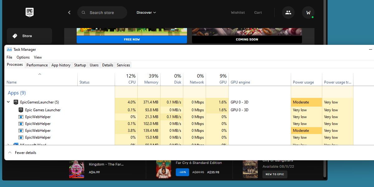 screenshot of epic games launcher and task manager