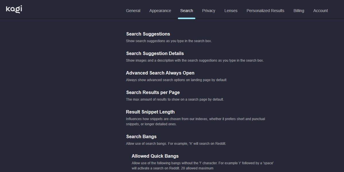 screenshot of kagi search settings
