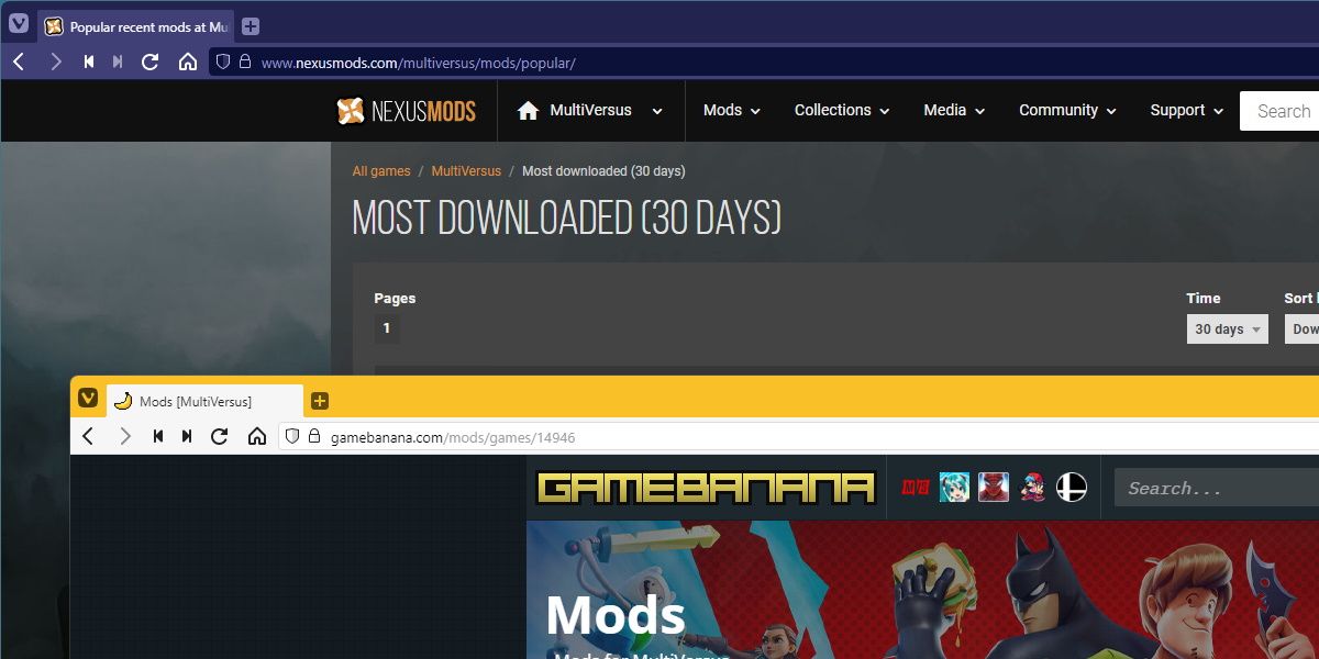 اسکرین شات از صفحه multiversus nexus و صفحه gamebanana