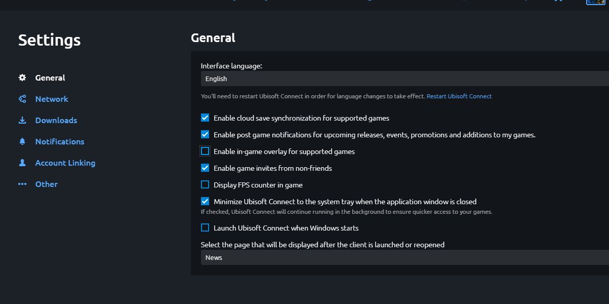 screenshot of ubisoft connect settings