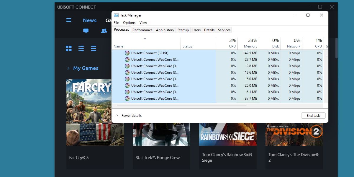 screenshot of ubisoft connect and task manager