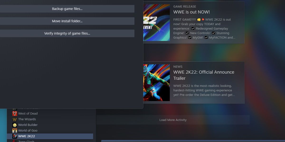 captura de pantalla de wwe 2k22 verificando los archivos del juego en Steam