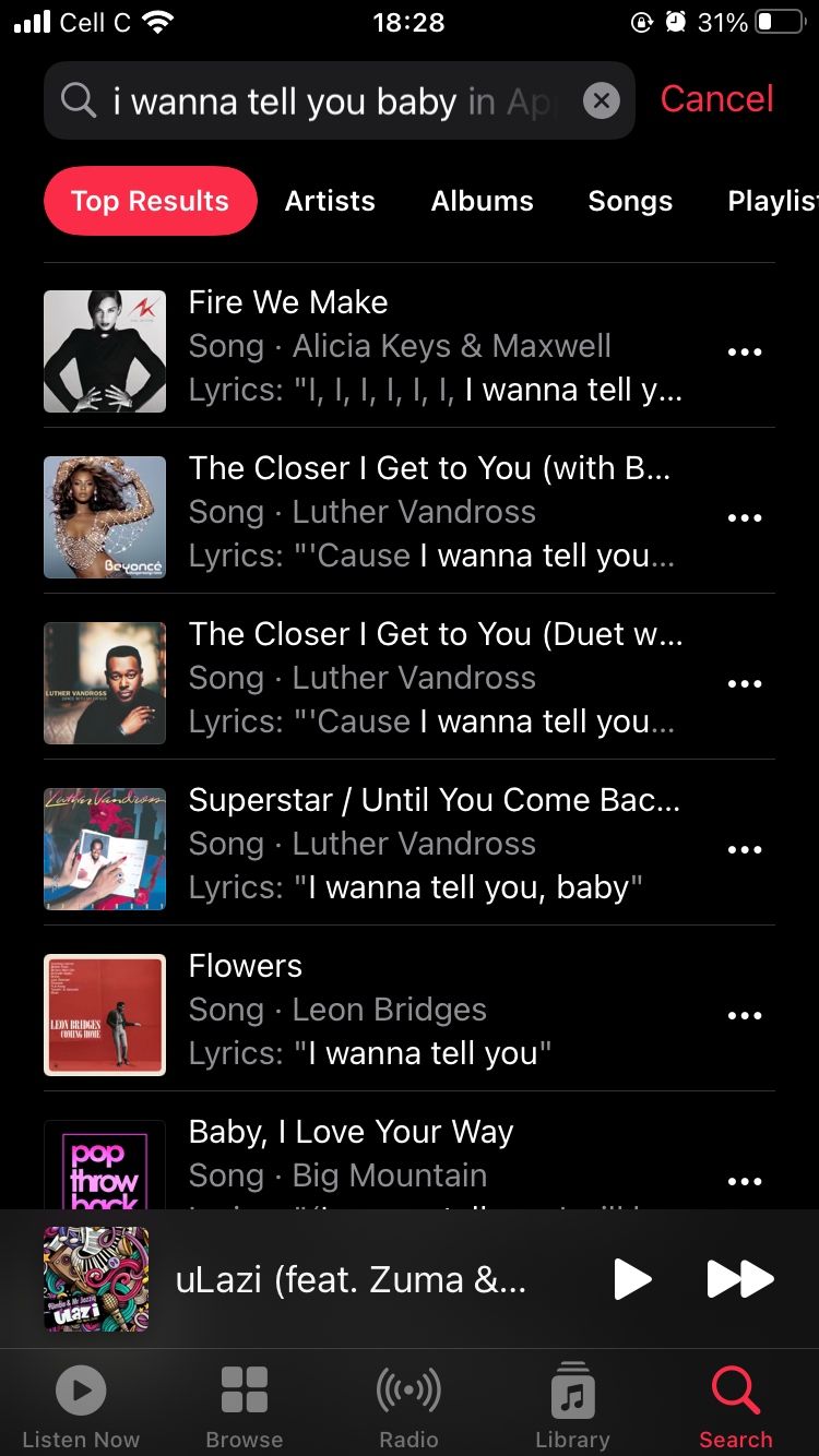 search results for lyric search on apple music mobile app