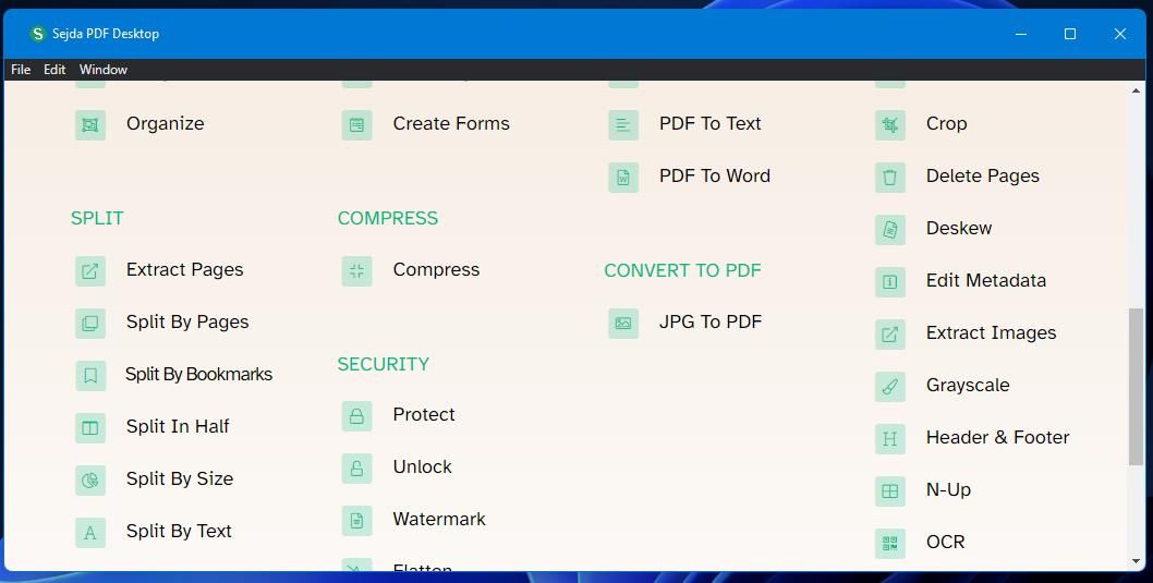 The Sedja PDF Desktop home screen