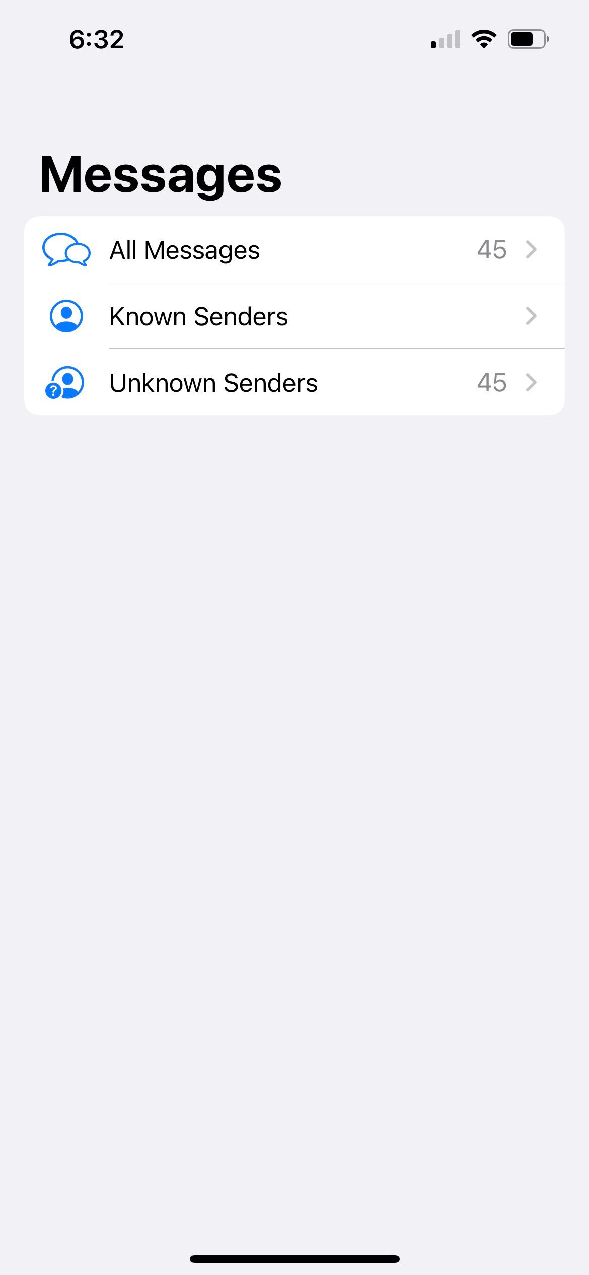 folders showing known and unknown senders in iphone messages app 