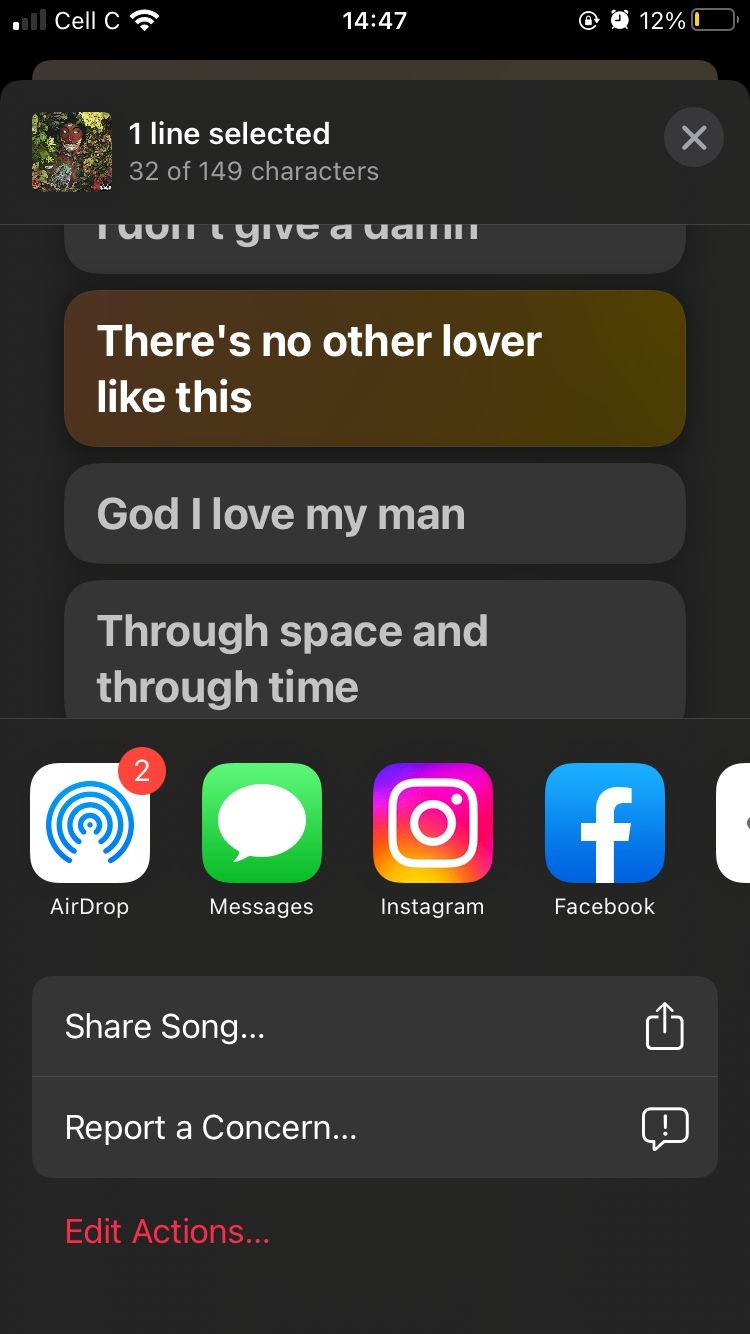sharing options for lyric selected in apple music on mobile