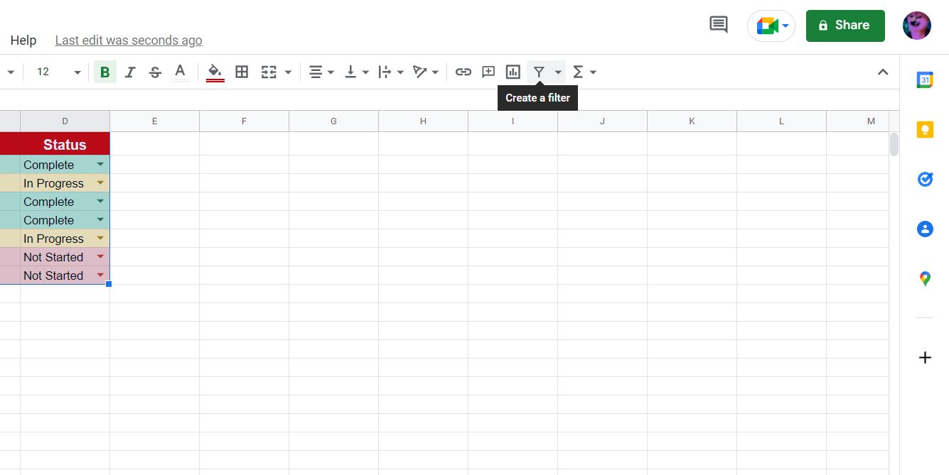 Create filter in Sheets
