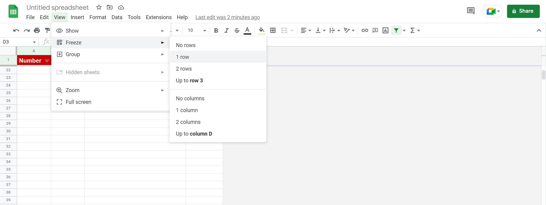 Freeze a row in Google Sheets