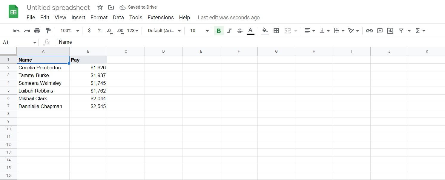 Sample table in Google Sheets