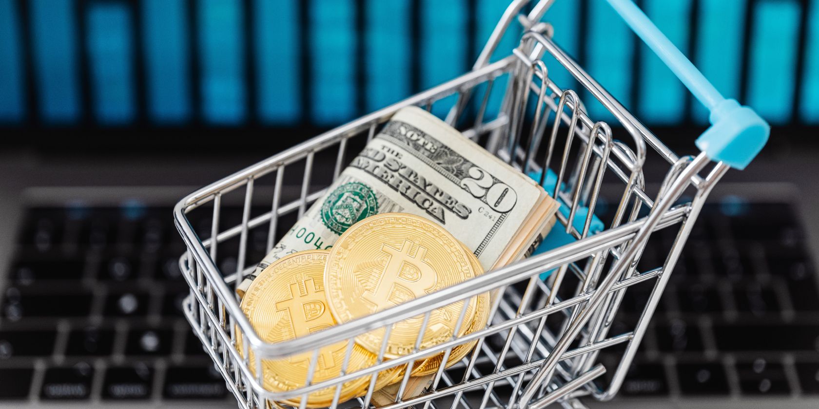 shopping cart with dollar bills and a bicoin coin
