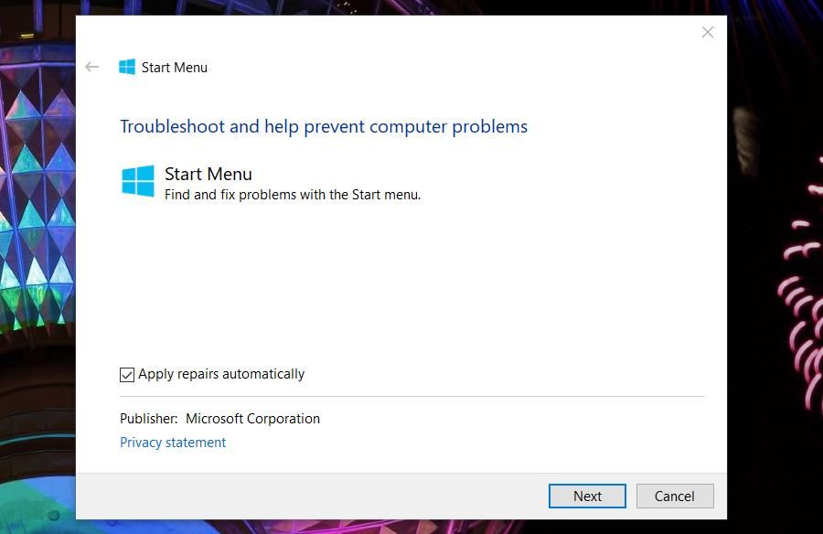 The Start Menu troubleshooter 