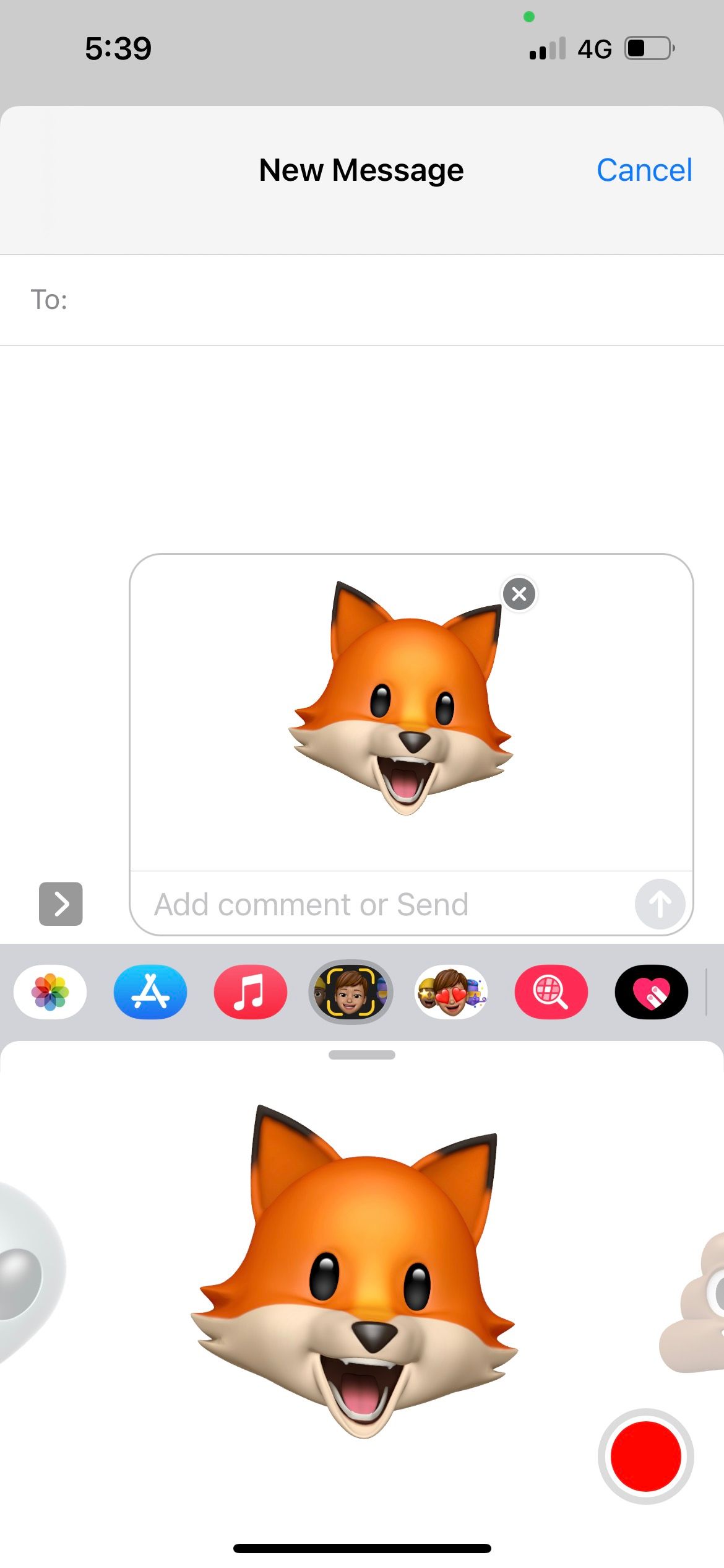 send fox animoji photo in iphone messages app