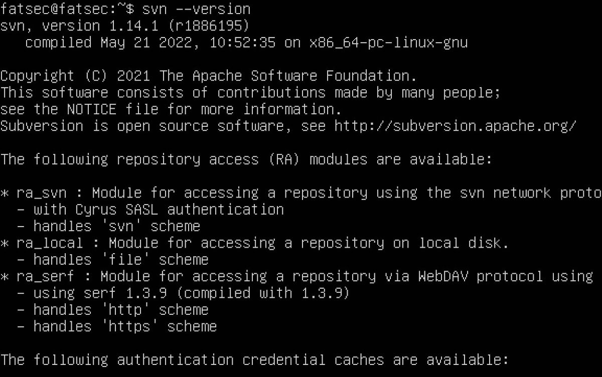 Output from the ”svn version“ command showing version 1.14.1.