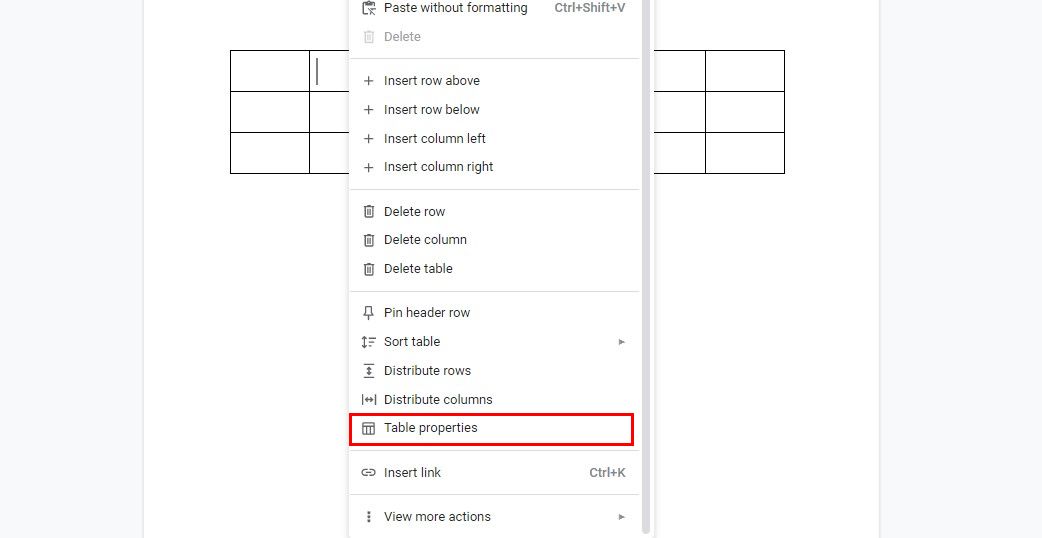 Table Properties option highlighted