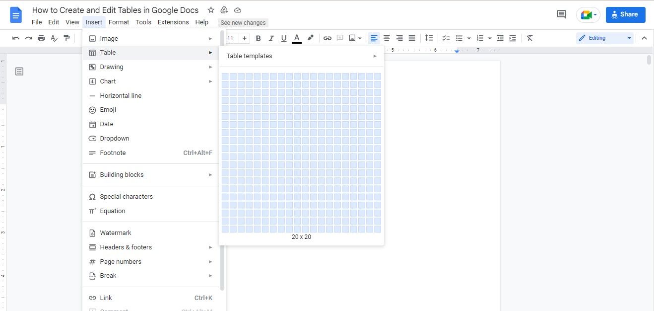 Table 20x20 grid in Google Docs