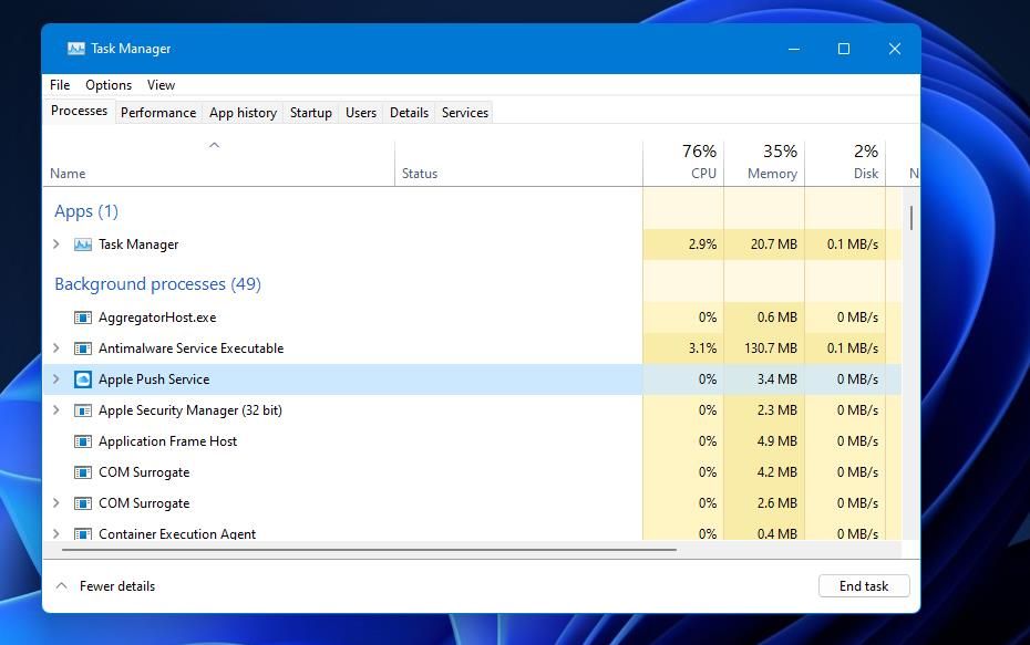 The Task Manager window 
