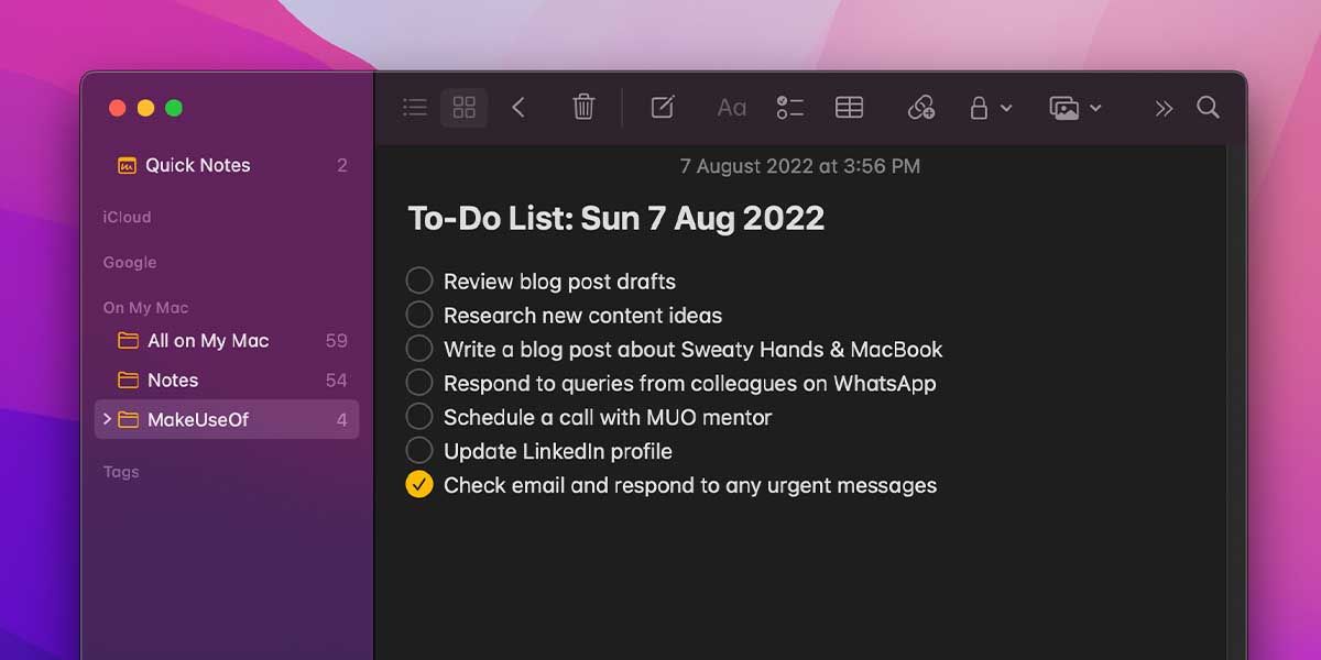 A to-do checklist created by using the Checklist feature on Apple Notes