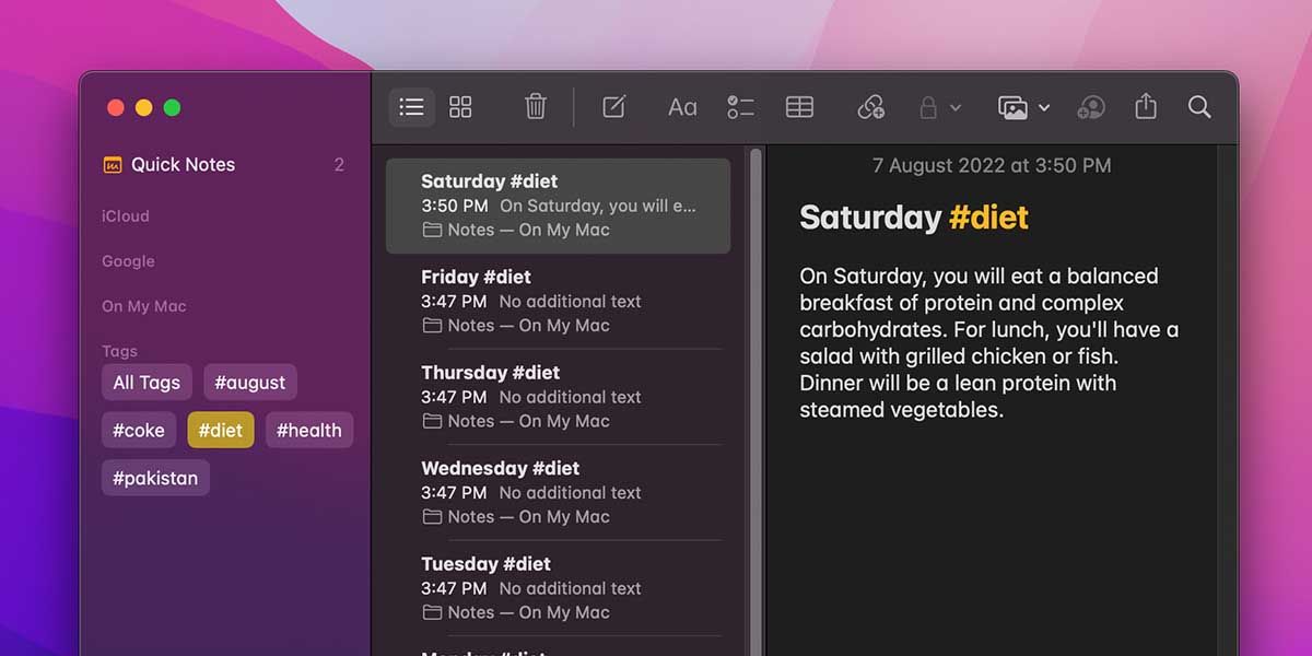 Apple Notes showing all notes with #diet tag
