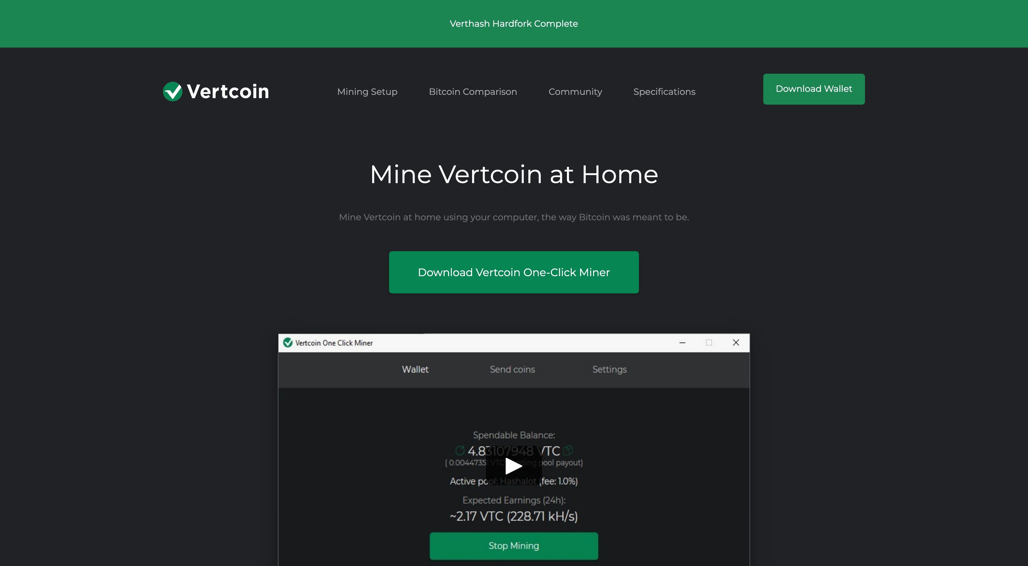 Screenshot of Vertcoin's home page