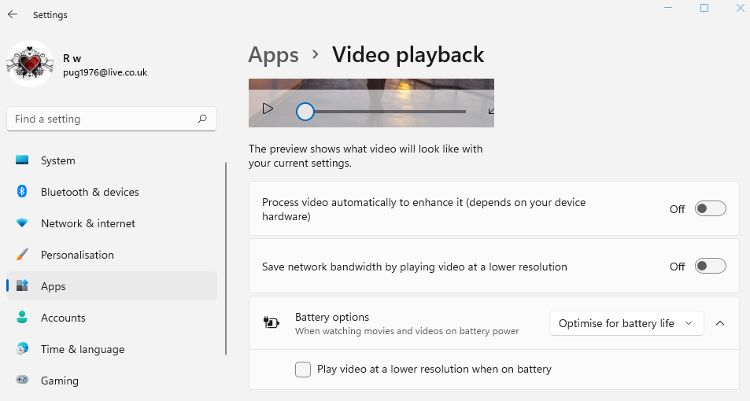 The video playback settings in Windows 11