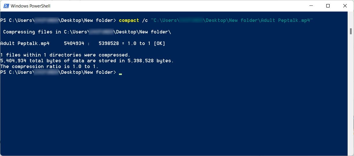 results of compressing using compact in windows powershell
