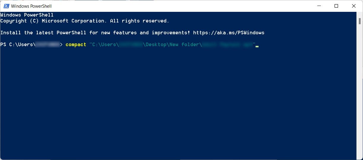 compressing a file with compact.exe in windows powershell