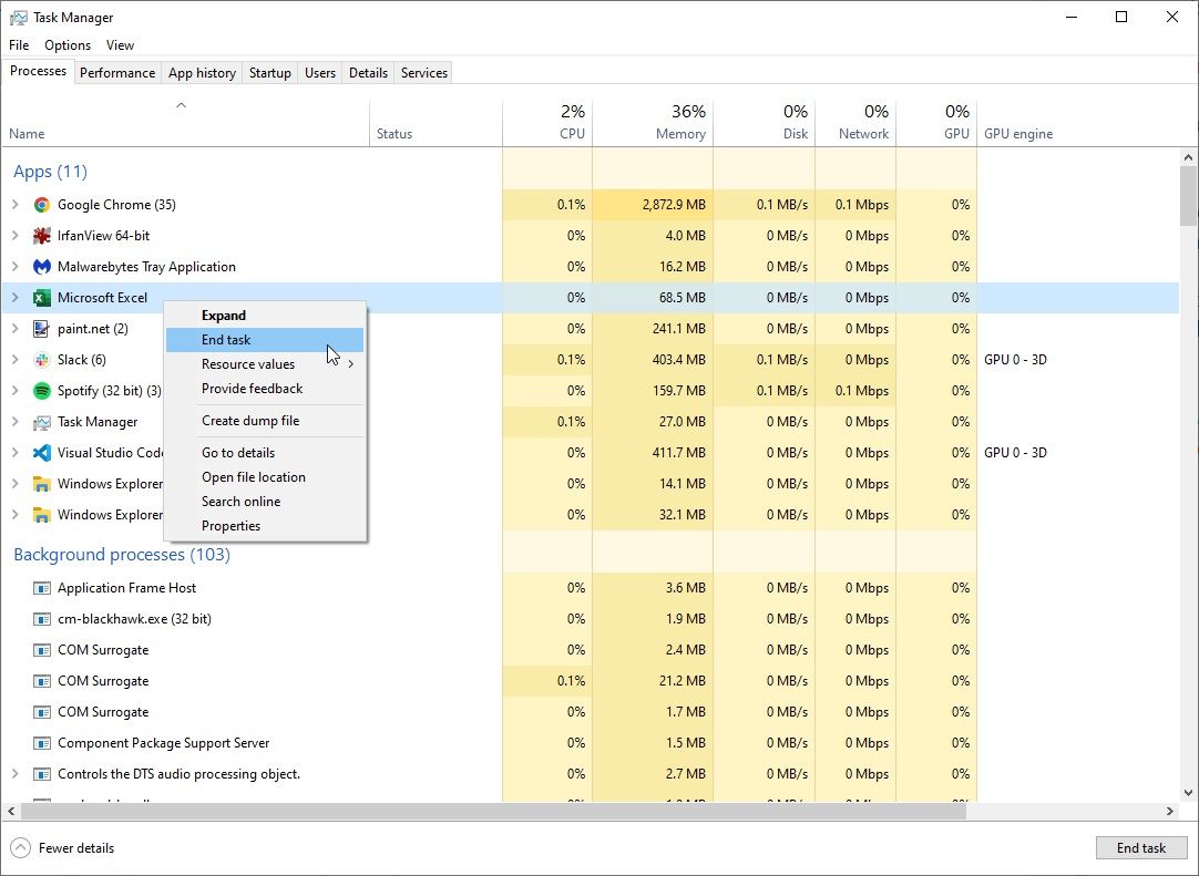 windows 10 task manager process list end process option