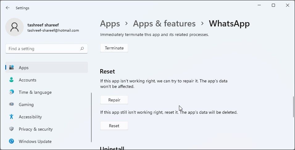 windows 11 app and features Whatsapp advanced options reset repair