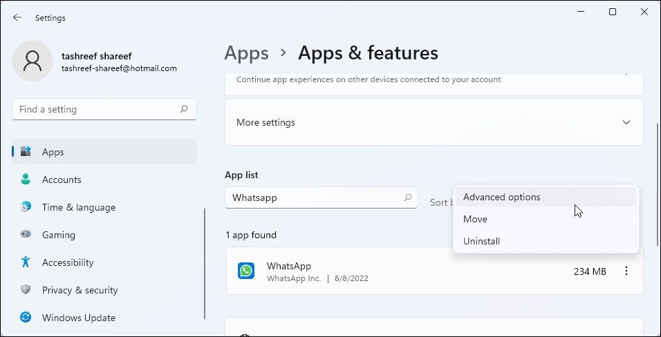 windows 11 app and features Whatsapp advanced options