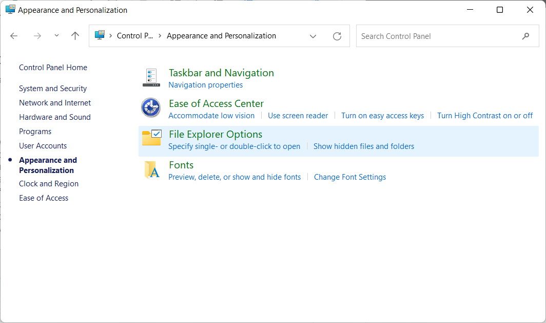 the appearance and personalization window in control panel on windows