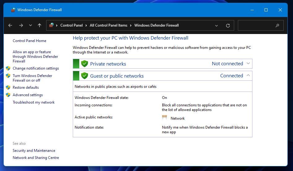 The Control Panel applet for Windows Defender Firewall 