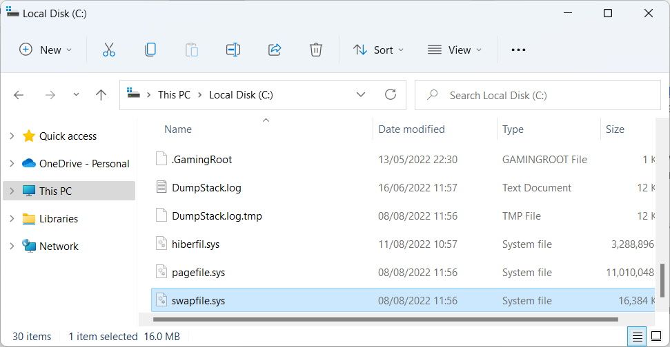 windows swapfile.sys in the local drive
