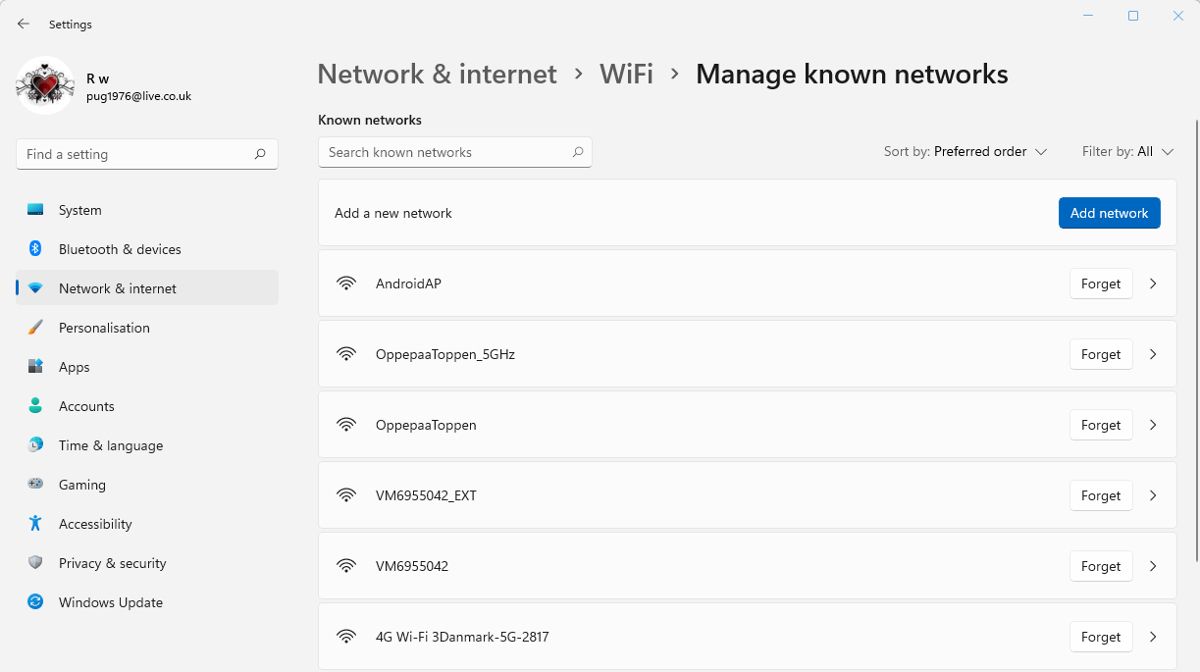 A list of wireless network profiles in Windows 11