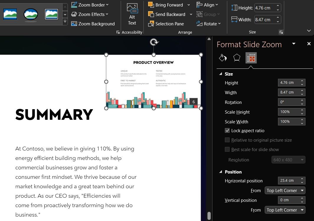 Zoom Size and Position Task Pane on PowerPoint